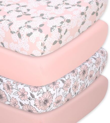 The Peanutshell 4-Pack Organic Fitted Crib Sheet Set - Soft & Breathable Baby Girl or Boy Crib Sheets, 100% Jersey Cotton Nursery Decor, Fit for Standard Mattress Cover- Check in Kuwait