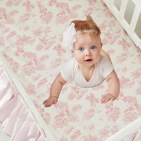 Brandream Baby Crib Sheets for Girls Boys, Fitted Crib Sheet for Standard Crib and Toddler Mattress, Super Soft 100% Cotton Baby Sheet French Country Pink Toile Floral Print, Crib/Toddler in Kuwait