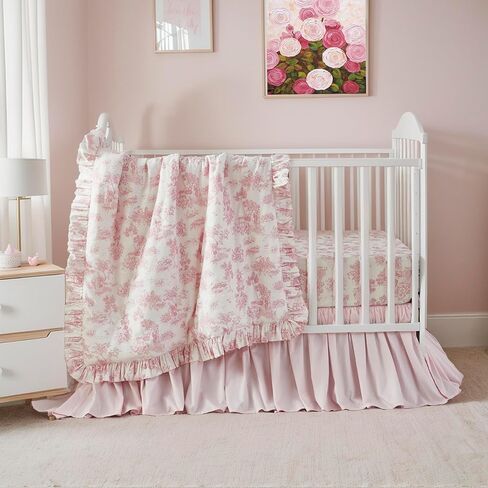 Brandream Baby Crib Sheets for Girls Boys, Fitted Crib Sheet for Standard Crib and Toddler Mattress, Super Soft 100% Cotton Baby Sheet French Country Pink Toile Floral Print, Crib/Toddler in Kuwait