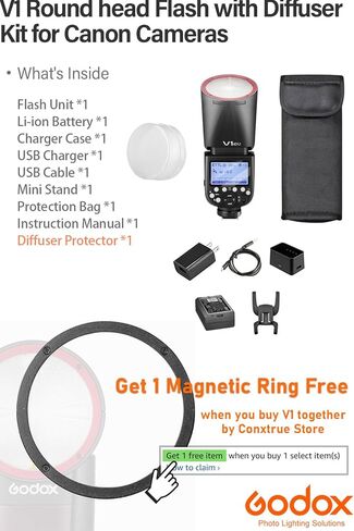 Godox V1 C V1-C Flash with Diffuser Kit for Canon Camera, 76Ws 2.4G HSS TTL Round Head Flash, 1.5s Recycle Time, 480 Full Power Flashes, Li-ion Battery, Modeling Lamp for Portrait & Event Photography in Kuwait