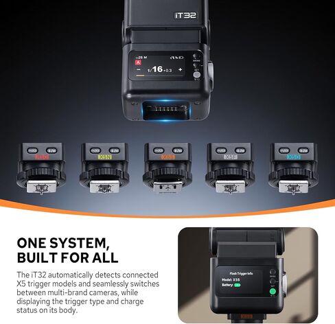 Godox iT32 Flash Speedlite with X5S Trigger for Sony Cameras, Detachable Magnetic Hotshoe/Trigger, 2.4G TTL HSS, USB C Charge & Built-in Battery, LED Modeling Light, Touch Screen Flash Speedlight in Kuwait