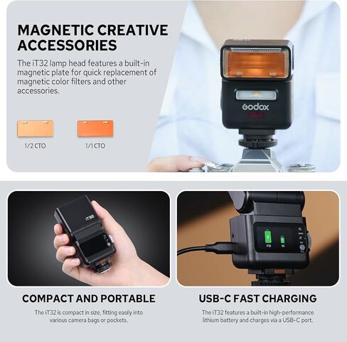 Godox iT32 Flash Speedlite with X5S Trigger for Sony Cameras, Detachable Magnetic Hotshoe/Trigger, 2.4G TTL HSS, USB C Charge & Built-in Battery, LED Modeling Light, Touch Screen Flash Speedlight in Kuwait