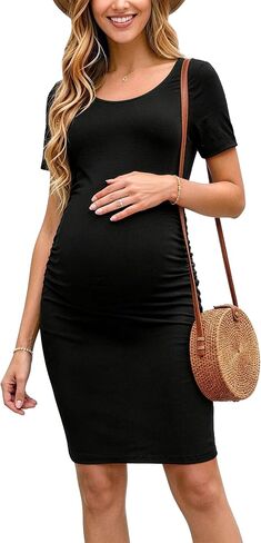 Liu & Qu Women's Maternity Dress Summer Casual Bodycon Pregnancy Dresses | Short Sleeve,Side Ruched,Crew Neck,Knee Length,Soft Stretch Fabric,Maternity Clothes for Baby Shower & Daily Wear in Saudi Arabia