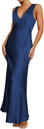 Gmeitoey Satin Formal V Neck Maxi Dress for Women Cocktail Wedding Guest | Silk,Sleeveless,Half Lining,Wide Straps,Elegant,Cocktail,Bridesmaid,Beach,Vacation,Party,Graduation,Date Night,Garden Wedding in Kuwait