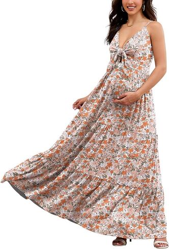 Bhome Maternity Summer Dress Bow Tie V Neck Floral Casual Sundress Bump Friendly Pregnancy Maxi Vacation Dress with Pockets in Kuwait