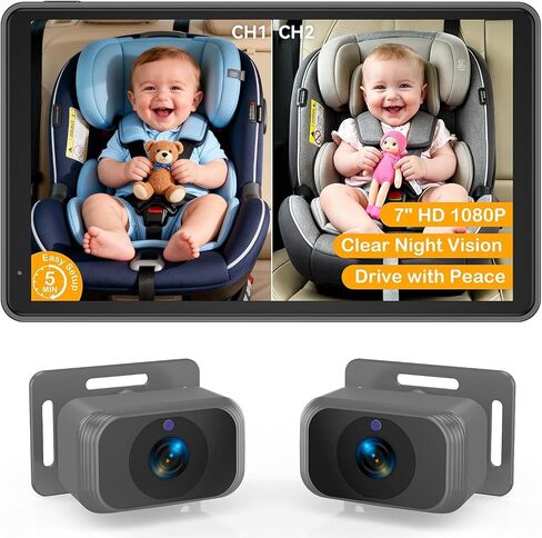 1080P Dual Baby Car Camera: 6.8" Split-Screen Monitor 2-Kids at Once | 150° Wide-Angle Camera with Night Vision Seeing Baby from Head to Toe, USB Plug & Play Easy Setup for 2-Childs & Twins Family in Kuwait