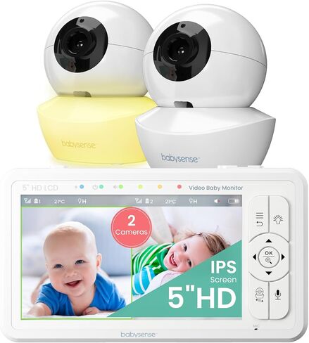 Babysense 5" HD Non WiFi Split-Screen Baby Monitor, Video Baby Monitor with 2 Cameras and Audio, Night Light, 1000ft Range, Two-Way Audio, 4X Zoom, Night Vision, 4000mAh Battery in Saudi Arabia