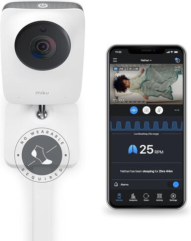 Miku Pro Smart Baby Monitor with Camera, Track Live Breathing with No Wearable, Real-Time Alerts, Sleep Analytics, 1080p Wi-Fi Video, Night Vision, and 2-Way Audio, Wall Mount Included in Kuwait