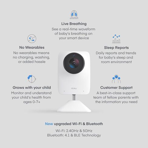 Miku Pro Smart Baby Monitor with Camera, Track Live Breathing with No Wearable, Real-Time Alerts, Sleep Analytics, 1080p Wi-Fi Video, Night Vision, and 2-Way Audio, Wall Mount Included in Kuwait