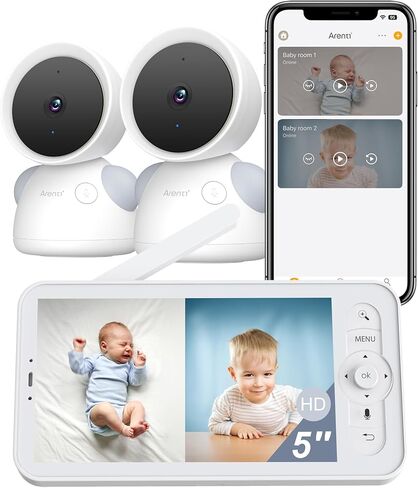 ARENTI Baby Monitor 2 Cameras D3 Set, 3MP WiFi 6, 5" Display,Free Phone App | Split-Screen for 2 Cams, Local 5" Mon & WiFi App, up to 3MP NV, Auto Tracking, Temp&Humidity Sensor,1-Click Call,256G SD Slot in Kuwait