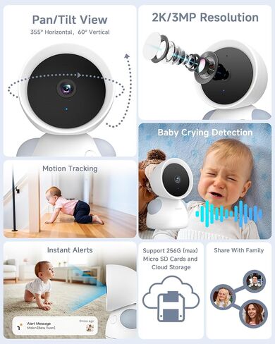 ARENTI Baby Monitor 2 Cameras D3 Set, 3MP WiFi 6, 5" Display,Free Phone App | Split-Screen for 2 Cams, Local 5" Mon & WiFi App, up to 3MP NV, Auto Tracking, Temp&Humidity Sensor,1-Click Call,256G SD Slot in Kuwait
