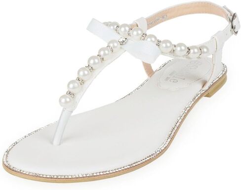SheSole Women's Pearl Wedding Sandals, Flat T-Strap | Rhinestone Accents, Dressy Style for Beach Bride, Adjustable Buckle, Cushioned Insole for Summer Wear in Saudi Arabia