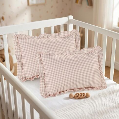 DILIMI Cotton Toddler Pillowcases 13 x 18 inch, 2 Pack Travel Pillow Cases for Kids, Small Pillow Covers with Ruffles for Girls Boys, Pink Gingham in Kuwait