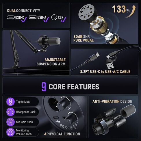 FIFINE AmpliTank K688CT Podcast Microphone Kit, USB/XLR Dynamic Vocal Mic | Streaming Mic with Boom Arm for PC/XLR Mixer, with Mute Button, Headphone Jack, Gain Knob, for Gaming Voice-Over Recording in Kuwait