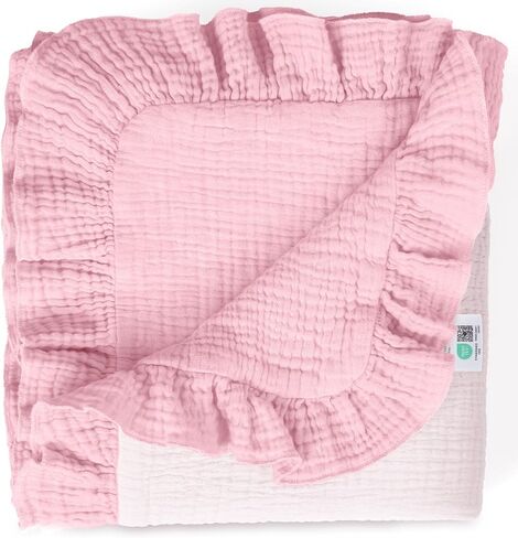 lulumoon Muslin Baby Blanket for Girls: 100% Cotton Ruffle Swaddle Blanket | Soft Reversible Crib Blanket for Newborn and Infant - Lightweight for Stroller, Nursery Decor & Travel 40"x36"(Pink Heart) in Saudi Arabia