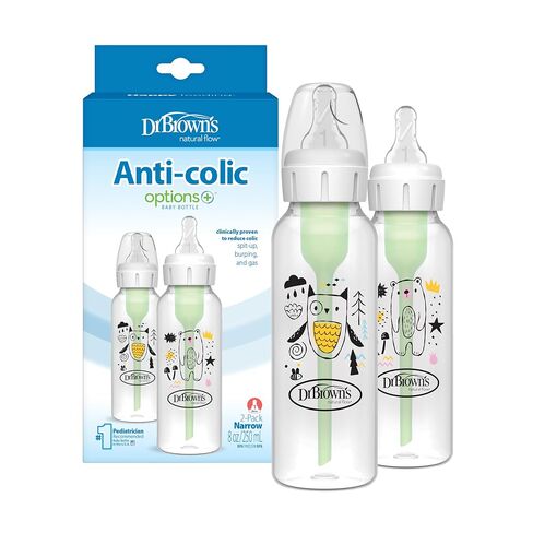 Dr. Brown's Natural Flow Anti-Colic Options+ Narrow Baby Bottle, Frog and Pig, 8 oz/250 mL, with Level 1 Slow Flow Nipple, BPA-Free, 0m+, 2-Pack in Kuwait