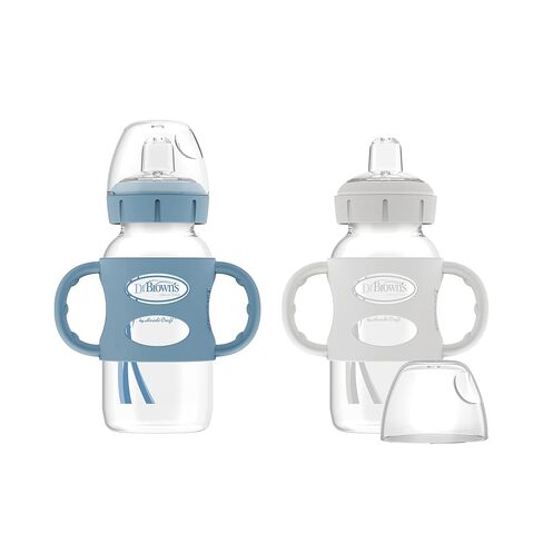 Dr. Brown's Milestones Wide-Neck Sippy Spout Bottle with Silicone Handles 9oz 270mL 6m+ Light Blue and Gray 2-Pack in Kuwait