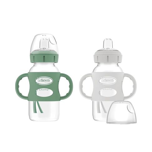 Dr. Brown's Milestones Wide-Neck Sippy Spout Bottle with 100% Silicone Handles, Easy-Grip Handles with Soft Sippy Spout, 9oz/270mL, Green & Gray, 2-Pack, 6m+ in Kuwait