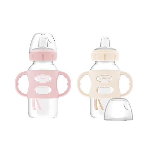 Dr. Brown's Milestones Wide-Neck Sippy Spout Bottle with 100% Silicone Handles, Easy-Grip Handles with Soft Sippy Spout, 9oz/270mL, Light-Pink & Ecru, 2-Pack, 6m+ in Kuwait