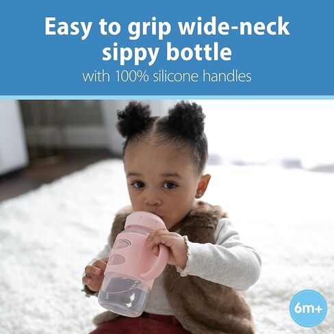 Dr. Brown's Milestones Wide-Neck Sippy Spout Bottle with 100% Silicone Handles, Easy-Grip Handles with Soft Sippy Spout, 9oz/270mL, Light-Pink & Ecru, 2-Pack, 6m+ in Kuwait