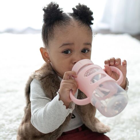 Dr. Brown's Milestones Wide-Neck Sippy Spout Bottle with 100% Silicone Handles, Easy-Grip Handles with Soft Sippy Spout, 9oz/270mL, Light-Pink & Ecru, 2-Pack, 6m+ in Kuwait