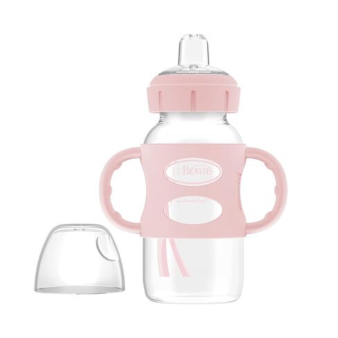 Dr. Brown's Milestones Wide-Neck Sippy Spout Bottle with 100% Silicone Handles, Easy-Grip Handles with Soft Sippy Spout, 9oz/270mL, Light-Pink & Ecru, 2-Pack, 6m+ in Kuwait