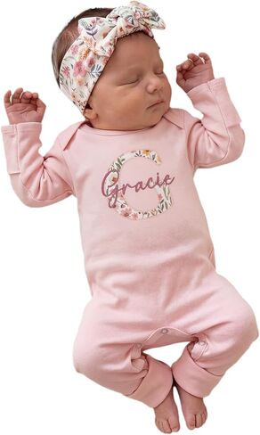 Linkababy Personalized Baby Girl Coming Home Outfit, 100% Cotton Embroidered Romper, Headband, Bow, Baby Shower, Newborn 0-3M in Kuwait
