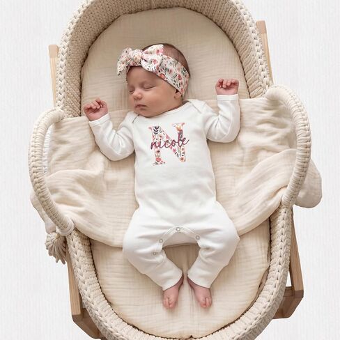 Linkababy Personalized Baby Girl Coming Home Outfit, 100% Cotton Embroidered Romper, Headband, Bow, Baby Shower, Newborn 0-3M in Kuwait