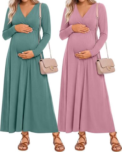 Neer 2 Pack Women's Maternity Maxi Dress for Baby Shower Long Sleeve Wrap V Neck Pregnancy Photoshoot Dresses with Pockets in Kuwait