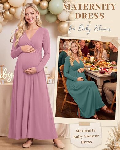 Neer 2 Pack Women's Maternity Maxi Dress for Baby Shower Long Sleeve Wrap V Neck Pregnancy Photoshoot Dresses with Pockets in Kuwait