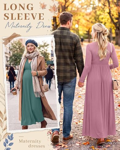 Neer 2 Pack Women's Maternity Maxi Dress for Baby Shower Long Sleeve Wrap V Neck Pregnancy Photoshoot Dresses with Pockets in Kuwait