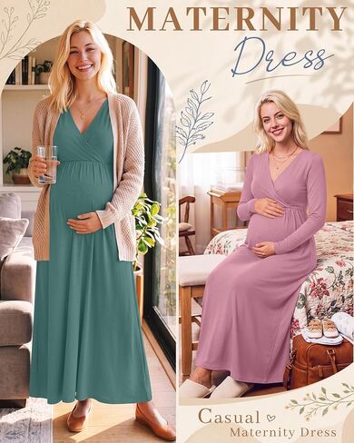 Neer 2 Pack Women's Maternity Maxi Dress for Baby Shower Long Sleeve Wrap V Neck Pregnancy Photoshoot Dresses with Pockets in Kuwait