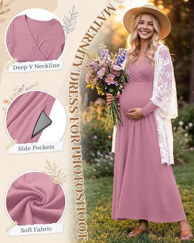 Neer 2 Pack Women's Maternity Maxi Dress for Baby Shower Long Sleeve Wrap V Neck Pregnancy Photoshoot Dresses with Pockets in Kuwait