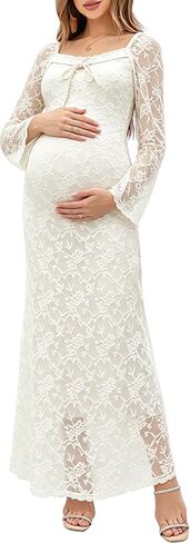 Maternity Dress for Baby Shower Lace Maxi Dresses Elegant Square Neck Floral Long Sleeve Bodycon Photoshoot Dress in Kuwait