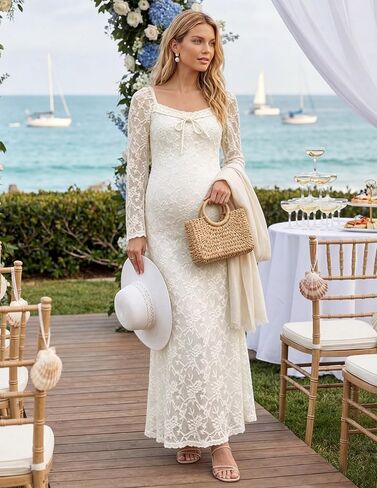 Maternity Dress for Baby Shower Lace Maxi Dresses Elegant Square Neck Floral Long Sleeve Bodycon Photoshoot Dress in Kuwait