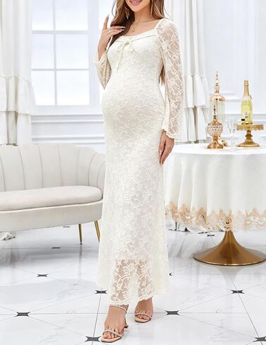 Maternity Dress for Baby Shower Lace Maxi Dresses Elegant Square Neck Floral Long Sleeve Bodycon Photoshoot Dress in Kuwait