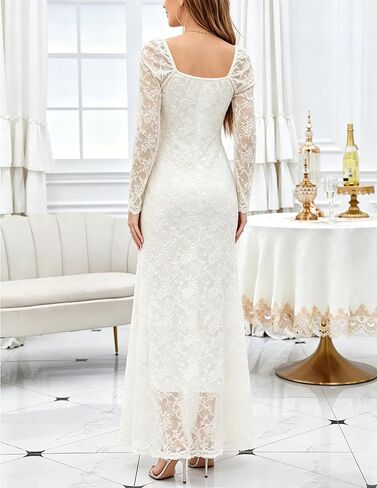 Maternity Dress for Baby Shower Lace Maxi Dresses Elegant Square Neck Floral Long Sleeve Bodycon Photoshoot Dress in Kuwait