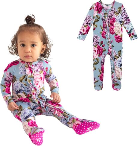 Posh Peanut Footie Pajamas for Baby Girls, Soft Viscose Derived from Bamboo | Footed Grips, True To Size Snug Fit, And Easy Care Wash, Ruffle Bodice With 2-Way Zipper for Easy Access, in Kuwait