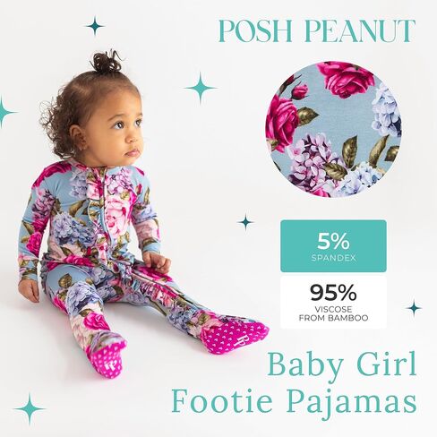 Posh Peanut Footie Pajamas for Baby Girls, Soft Viscose Derived from Bamboo | Footed Grips, True To Size Snug Fit, And Easy Care Wash, Ruffle Bodice With 2-Way Zipper for Easy Access, in Kuwait