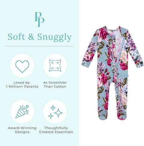 Posh Peanut Footie Pajamas for Baby Girls, Soft Viscose Derived from Bamboo | Footed Grips, True To Size Snug Fit, And Easy Care Wash, Ruffle Bodice With 2-Way Zipper for Easy Access, in Kuwait