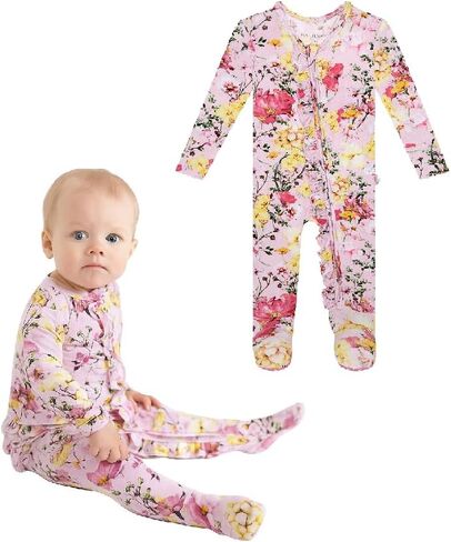 Posh Peanut Viscose Derived from Bamboo Baby Infant Girls Footie Pajamas | Ruffle Bodice With 2-Way Zipper for Easy Access, Footed Grips, True To Size Snug Fit, And Easy Care Wash in Kuwait