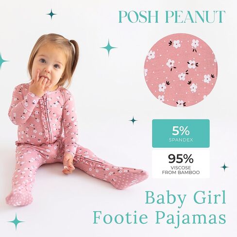 Posh Peanut Footie Pajamas for Baby Girls, Soft Viscose Derived from Bamboo | Footed Grips, True To Size Snug Fit, And Easy Care Wash, Ruffle Bodice With 2-Way Zipper for Easy Access, in Kuwait