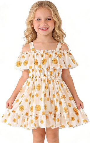 AGQT Toddler Girls Summer Dress Floral Boho Ruffle Casual Sundress for 1-8T | Off The Shoulder, Cute Tiered Chiffon Outfit for Beach, Vacation, Party, Wedding, Birthday, Printed A-line Princess Dresses in Kuwait