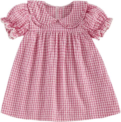 Toddler Girl Dresses Bubble Short Sleeve Dress Baby Summer Clothes | Somcked Outfits,Plaid printed,ruffle,peter pan collar,summer outfits,Stretchy sleeve in Kuwait