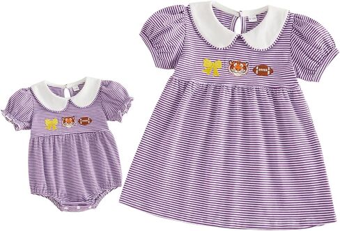 Balaflyie Little Girl Collar Dress/Bubble Romper Sister Matching Outfit | Toddler Girl Football Collar Dresses, Baby Peter Pan Collar Romper, Big Sister Dress&Little Sister Romper for Football in Kuwait