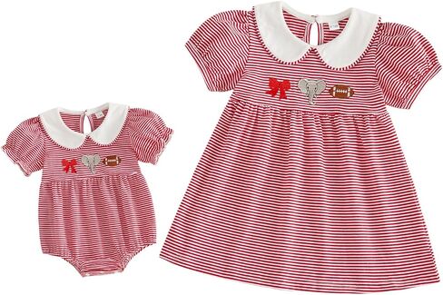 Balaflyie Little Girl Collar Dress/Bubble Romper Sister Matching Outfit | Toddler Girl Football Collar Dresses, Baby Peter Pan Collar Romper, Big Sister Dress&Little Sister Romper for Football in Kuwait