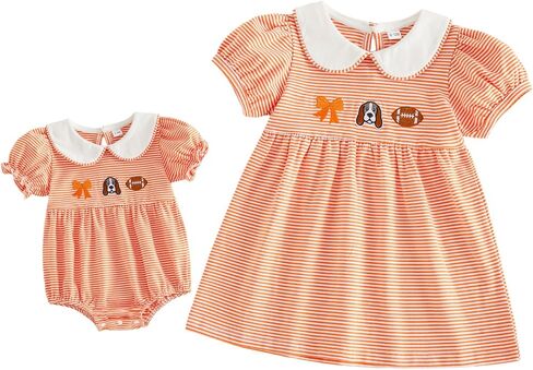 Balaflyie Little Girl Collar Dress/Bubble Romper Sister Matching Outfit | Toddler Girl Football Collar Dresses, Baby Peter Pan Collar Romper, Big Sister Dress&Little Sister Romper for Football in Kuwait