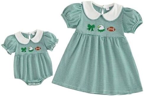 Balaflyie Little Girl Collar Dress/Bubble Romper Sister Matching Outfit | Toddler Girl Football Collar Dresses, Baby Peter Pan Collar Romper, Big Sister Dress&Little Sister Romper for Football in Kuwait