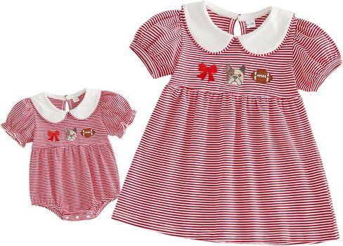 Balaflyie Little Girl Collar Dress/Bubble Romper Sister Matching Outfit | Toddler Girl Football Collar Dresses, Baby Peter Pan Collar Romper, Big Sister Dress&Little Sister Romper for Football in Kuwait