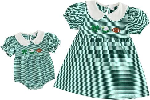 Balaflyie Little Girl Collar Dress/Bubble Romper Sister Matching Outfit | Toddler Girl Football Collar Dresses, Baby Peter Pan Collar Romper, Big Sister Dress&Little Sister Romper for Football in Kuwait